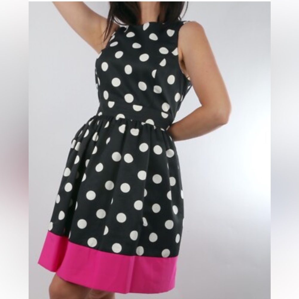 SAKS Fifth Avenue Black and White Polka Dot Dress with Pink Accents and Pockets!